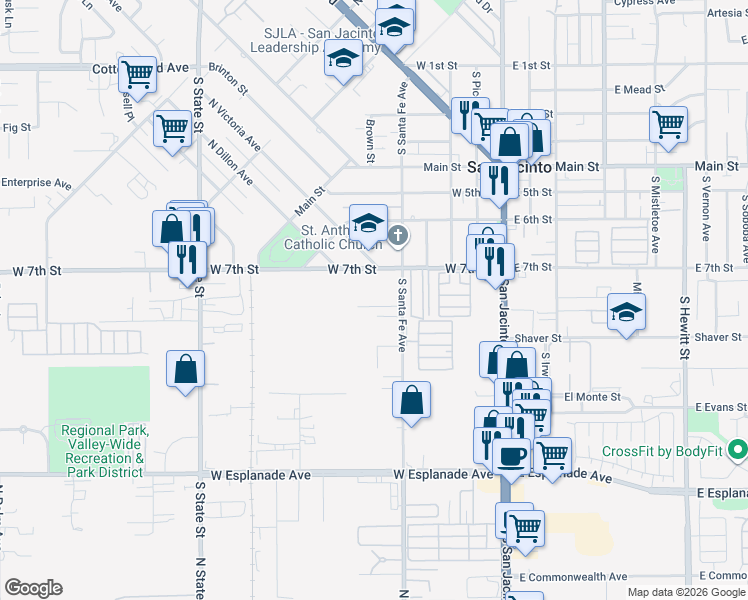 map of restaurants, bars, coffee shops, grocery stores, and more near 445 Jonnie Way in San Jacinto