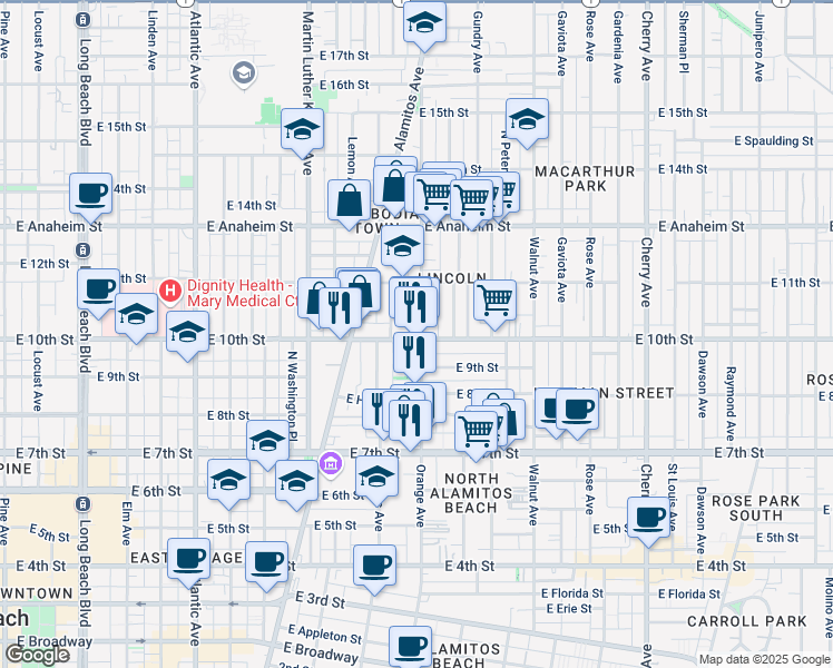map of restaurants, bars, coffee shops, grocery stores, and more near 924 Orange Avenue in Long Beach