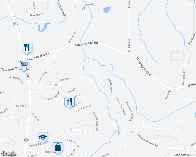 map of restaurants, bars, coffee shops, grocery stores, and more near 7308 Battle Point in Douglasville