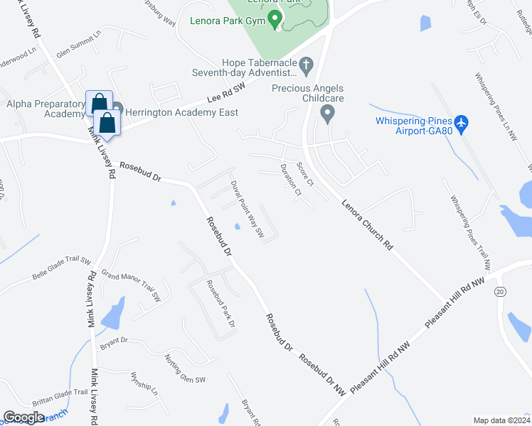 map of restaurants, bars, coffee shops, grocery stores, and more near 5010 Duval Point Way Southwest in Snellville