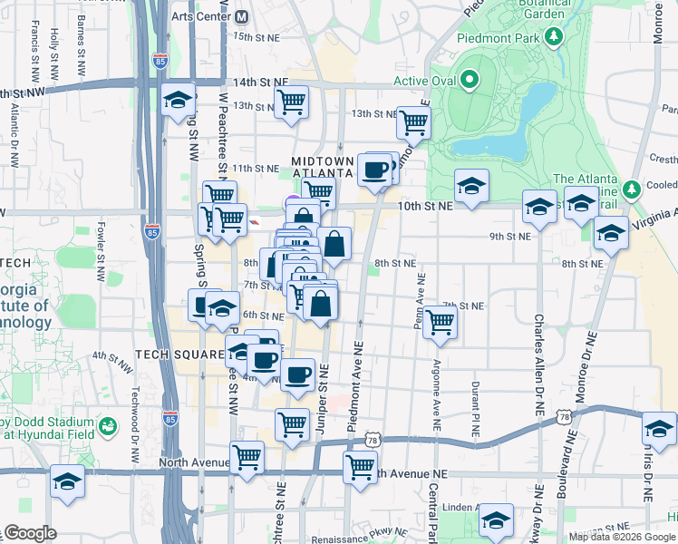 map of restaurants, bars, coffee shops, grocery stores, and more near 905 Juniper Street Northeast in Atlanta