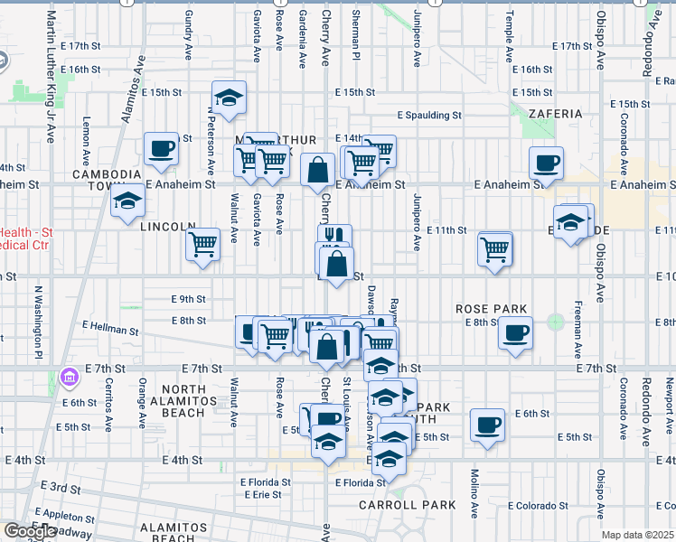 map of restaurants, bars, coffee shops, grocery stores, and more near 2025 East 10th Street in Long Beach