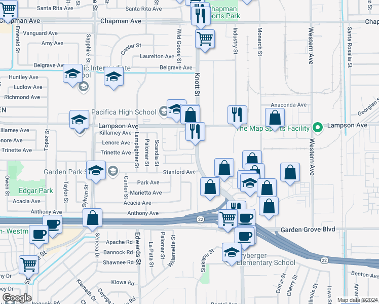 map of restaurants, bars, coffee shops, grocery stores, and more near 6949 Danvers Drive in Garden Grove