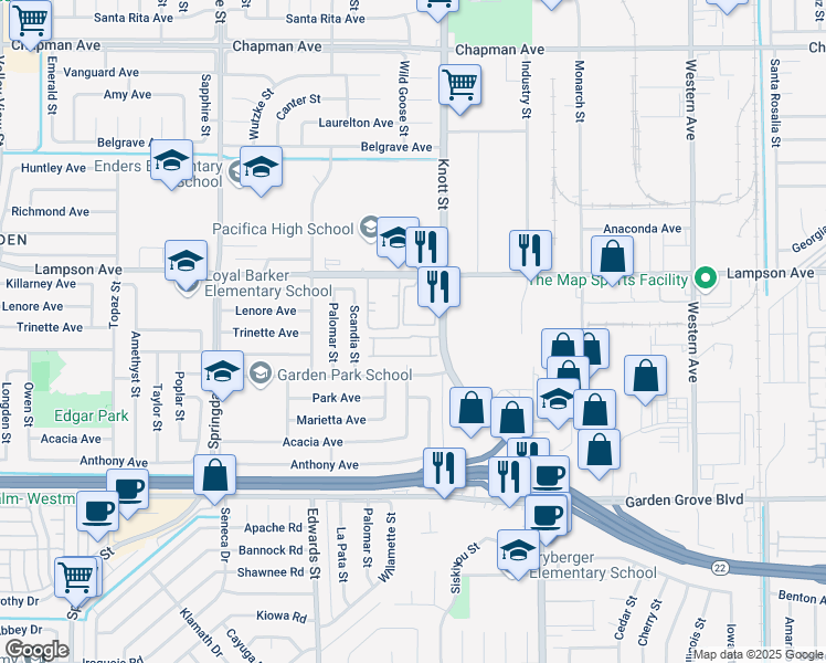 map of restaurants, bars, coffee shops, grocery stores, and more near 6903 Almondine Drive in Garden Grove