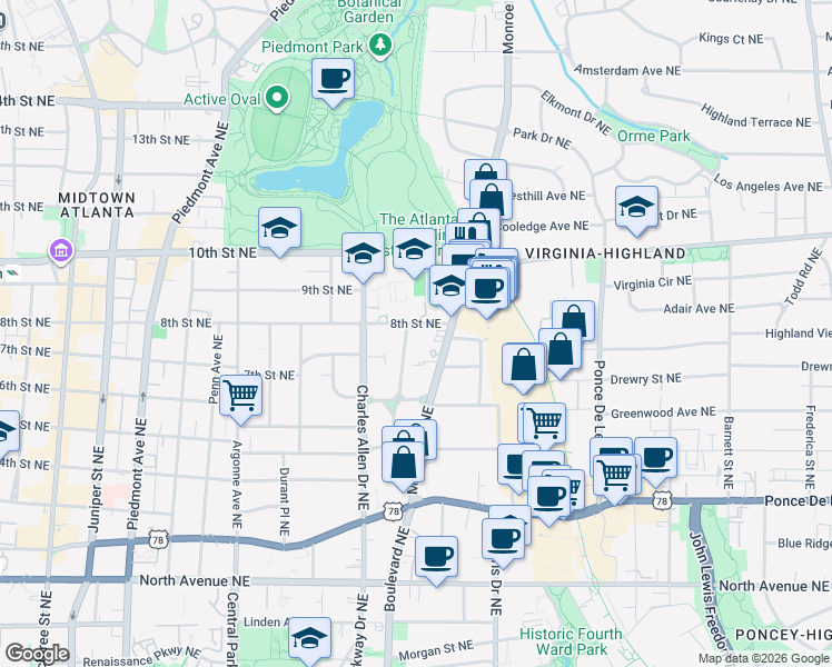 map of restaurants, bars, coffee shops, grocery stores, and more near 503 Midtown Place in Atlanta