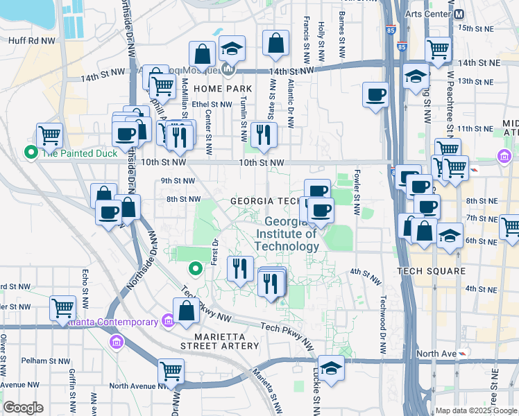 map of restaurants, bars, coffee shops, grocery stores, and more near 859 State Street Northwest in Atlanta