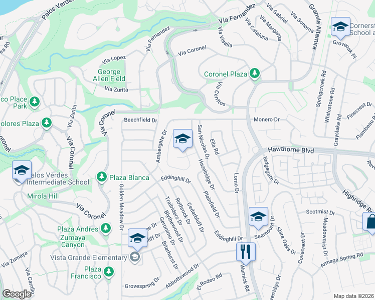 map of restaurants, bars, coffee shops, grocery stores, and more near 28068 Braidwood Drive in Rancho Palos Verdes