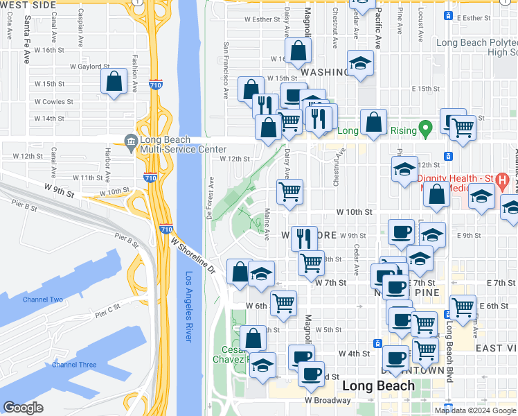 map of restaurants, bars, coffee shops, grocery stores, and more near 973 North Park Circle in Long Beach