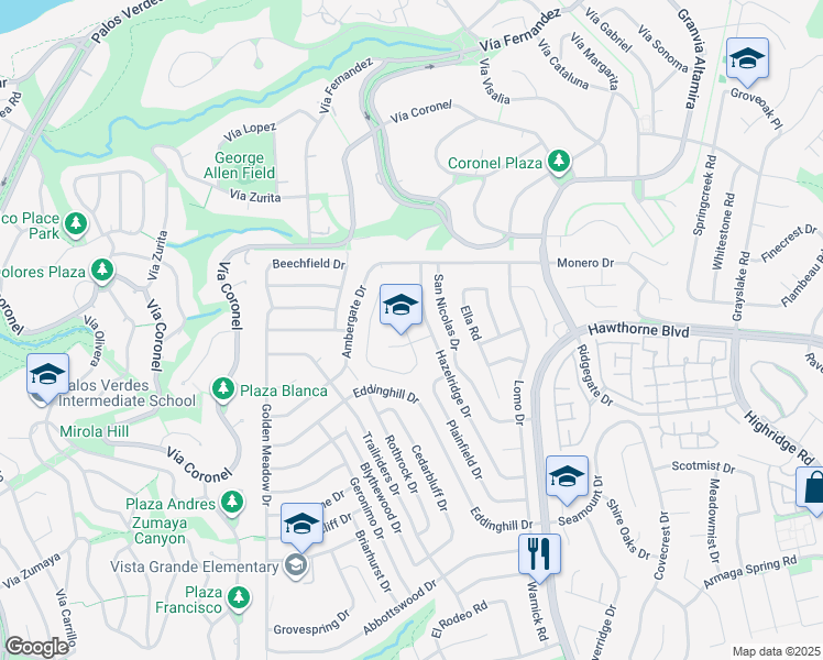 map of restaurants, bars, coffee shops, grocery stores, and more near 28068 Braidwood Drive in Rancho Palos Verdes
