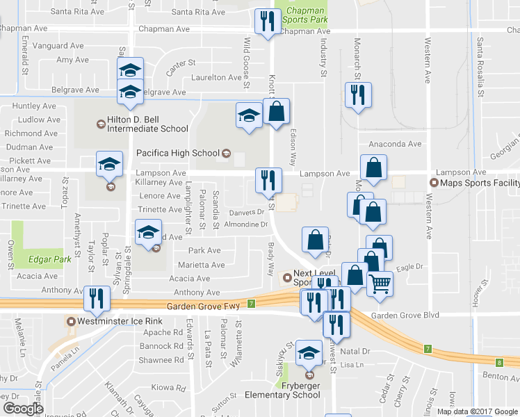 map of restaurants, bars, coffee shops, grocery stores, and more near 6949 Danvers Drive in Garden Grove