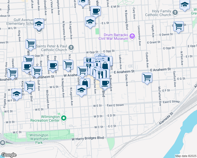 map of restaurants, bars, coffee shops, grocery stores, and more near 104 West Anaheim Street in Los Angeles