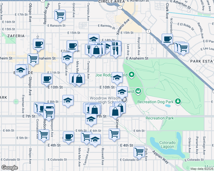 map of restaurants, bars, coffee shops, grocery stores, and more near 4223 East 10th Street in Long Beach