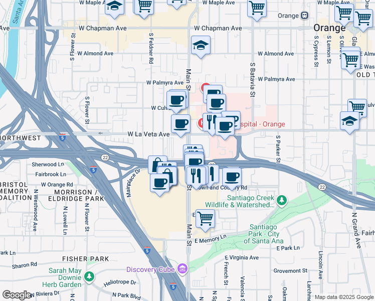 map of restaurants, bars, coffee shops, grocery stores, and more near 560 N Main St in Orange