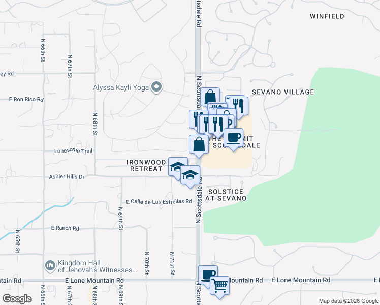 map of restaurants, bars, coffee shops, grocery stores, and more near 7195 East Mighty Saguaro Way in Scottsdale