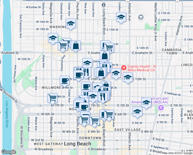 map of restaurants, bars, coffee shops, grocery stores, and more near 2 East 10th Street in Long Beach