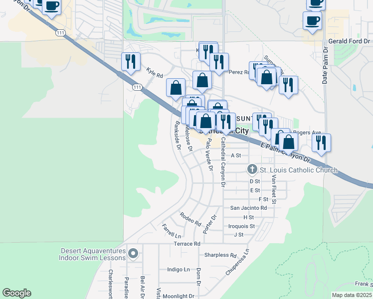 map of restaurants, bars, coffee shops, grocery stores, and more near 37187 Bankside Drive in Cathedral City