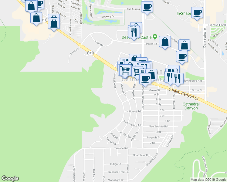 map of restaurants, bars, coffee shops, grocery stores, and more near 37187 Bankside Drive in Cathedral City