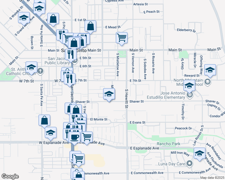 map of restaurants, bars, coffee shops, grocery stores, and more near 848 Minor Street in San Jacinto