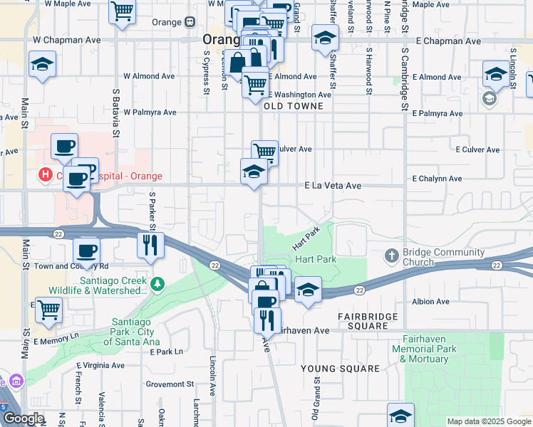 map of restaurants, bars, coffee shops, grocery stores, and more near 620 South Glassell Street in Orange