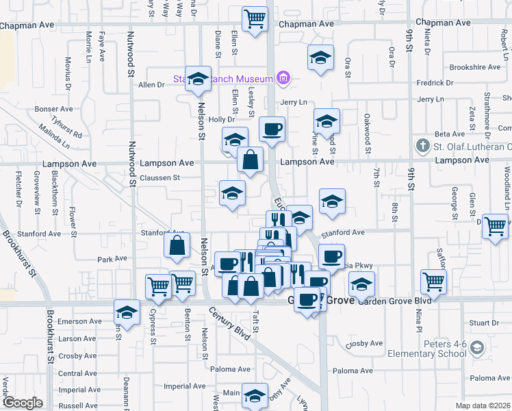 map of restaurants, bars, coffee shops, grocery stores, and more near 10940 Barcelona Court in Garden Grove