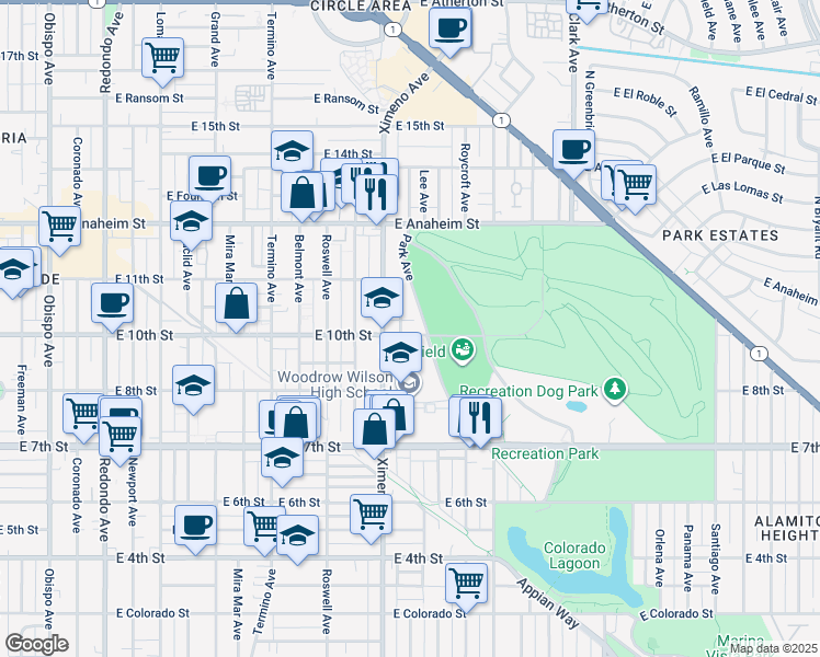 map of restaurants, bars, coffee shops, grocery stores, and more near 100 East 10th Street in Long Beach