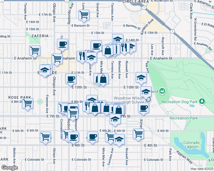 map of restaurants, bars, coffee shops, grocery stores, and more near 917 Termino Avenue in Long Beach