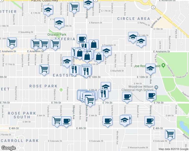 map of restaurants, bars, coffee shops, grocery stores, and more near 925 Loma Avenue in Long Beach