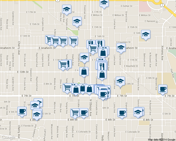 map of restaurants, bars, coffee shops, grocery stores, and more near 915 Obispo Avenue in Long Beach