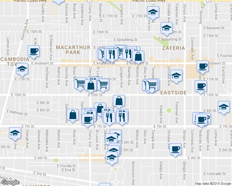 map of restaurants, bars, coffee shops, grocery stores, and more near 916 Raymond Avenue in Long Beach