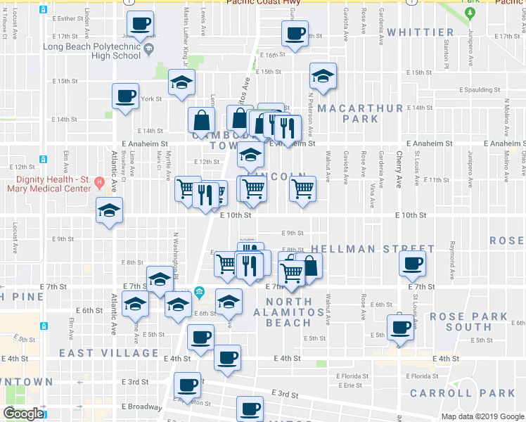 map of restaurants, bars, coffee shops, grocery stores, and more near in Long Beach