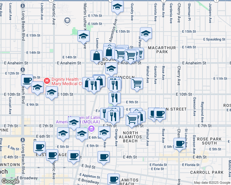 map of restaurants, bars, coffee shops, grocery stores, and more near 924 Orange Avenue in Long Beach