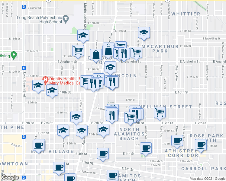 map of restaurants, bars, coffee shops, grocery stores, and more near 924 Orange Avenue in Long Beach