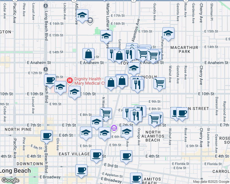 map of restaurants, bars, coffee shops, grocery stores, and more near in Long Beach