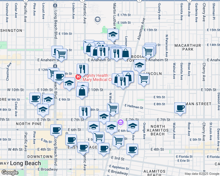 map of restaurants, bars, coffee shops, grocery stores, and more near 940 Olive Avenue in Long Beach