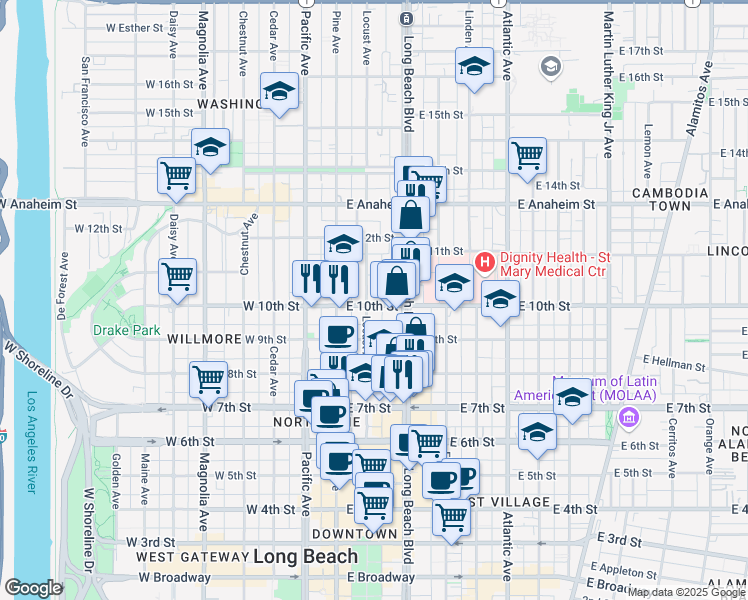 map of restaurants, bars, coffee shops, grocery stores, and more near 945 Locust Avenue in Long Beach