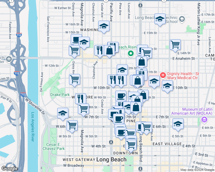 map of restaurants, bars, coffee shops, grocery stores, and more near 939 Pacific Avenue in Long Beach