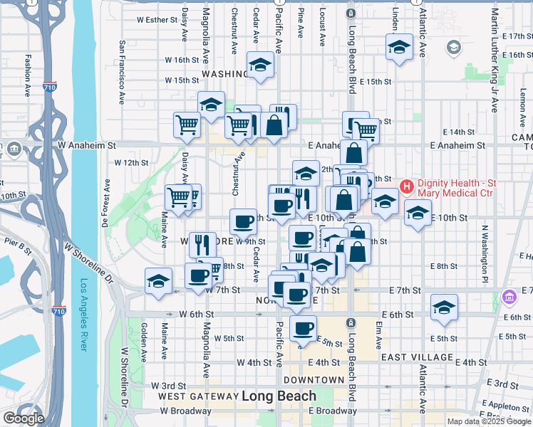 map of restaurants, bars, coffee shops, grocery stores, and more near 939 Pacific Avenue in Long Beach
