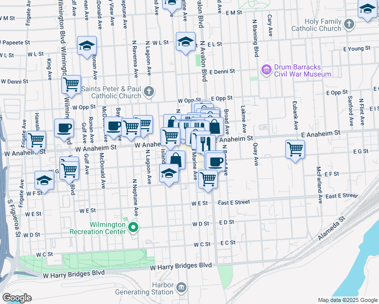 map of restaurants, bars, coffee shops, grocery stores, and more near 221 West G Street in Los Angeles