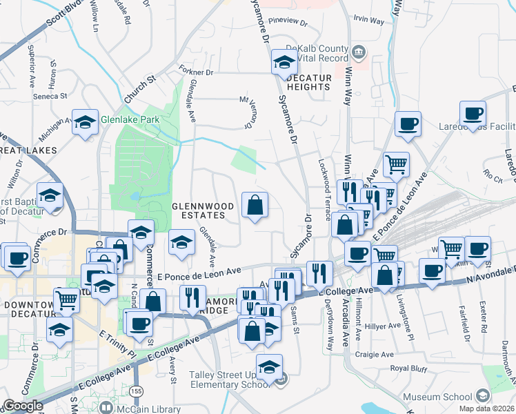 map of restaurants, bars, coffee shops, grocery stores, and more near 106 Springdale Street in Decatur