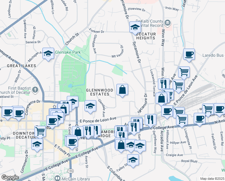 map of restaurants, bars, coffee shops, grocery stores, and more near 111 Pinecrest Avenue in Decatur