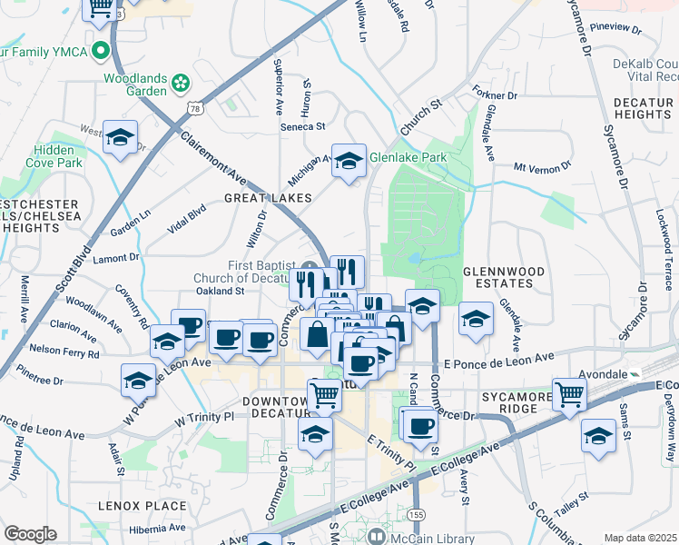 map of restaurants, bars, coffee shops, grocery stores, and more near 122 Williams Street in Decatur