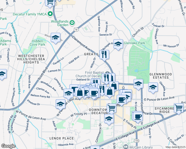 map of restaurants, bars, coffee shops, grocery stores, and more near 402 Ponce De Leon Place in Decatur