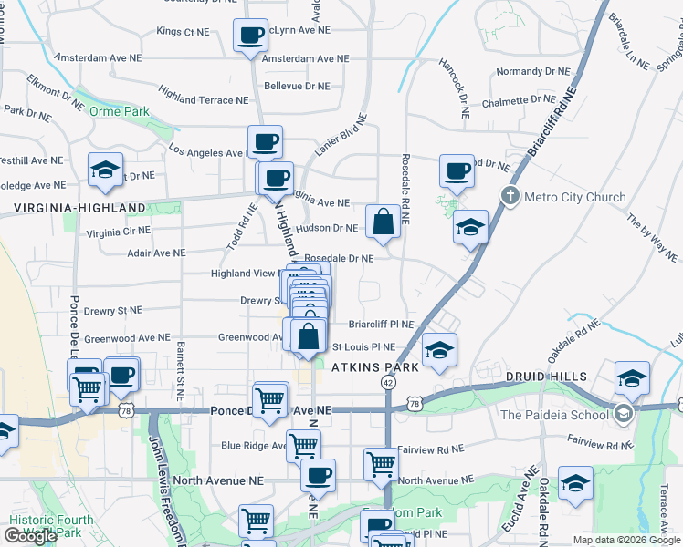 map of restaurants, bars, coffee shops, grocery stores, and more near 875 Arlington Place Northeast in Atlanta
