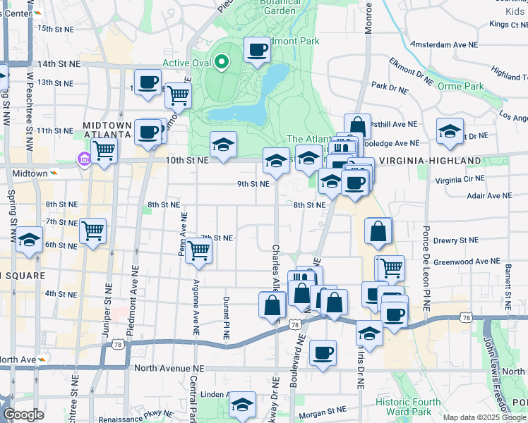 map of restaurants, bars, coffee shops, grocery stores, and more near 421 7th Street Northeast in Atlanta