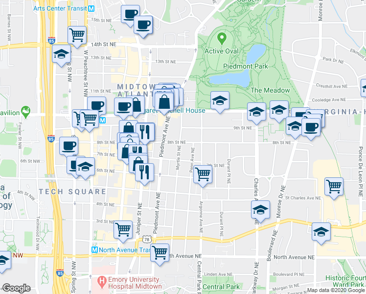 map of restaurants, bars, coffee shops, grocery stores, and more near 875 Myrtle Street Northeast in Atlanta