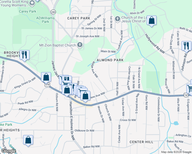 map of restaurants, bars, coffee shops, grocery stores, and more near 853 Peyton Avenue Northwest in Atlanta