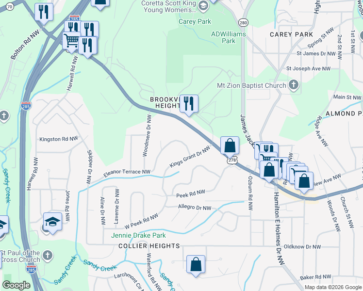 map of restaurants, bars, coffee shops, grocery stores, and more near 906 Kings Grant Drive Northwest in Atlanta