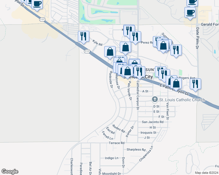 map of restaurants, bars, coffee shops, grocery stores, and more near 37067 Bankside Drive in Cathedral City
