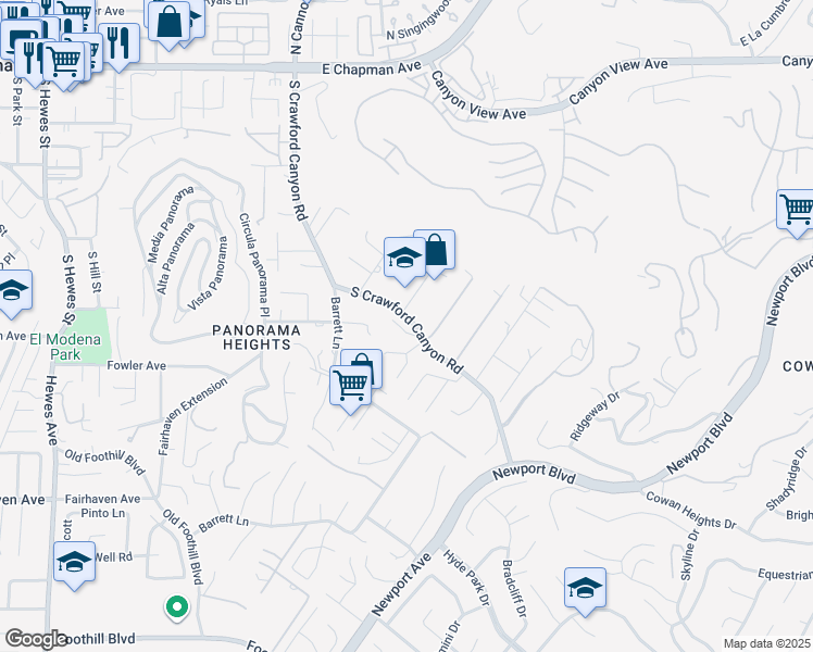 map of restaurants, bars, coffee shops, grocery stores, and more near 10565 South Crawford Canyon Road in Santa Ana