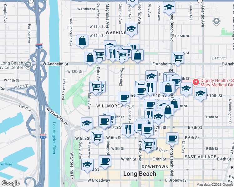 map of restaurants, bars, coffee shops, grocery stores, and more near 927 Chestnut Avenue in Long Beach